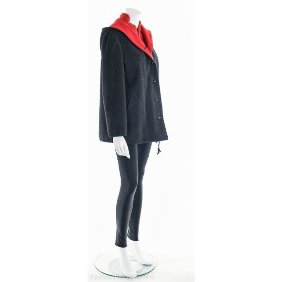 Gray Wool Coat, Gray and Red Wool Coat, Wool Coat with Hoodie, Collegiate Wool C - Picture 2 of 8